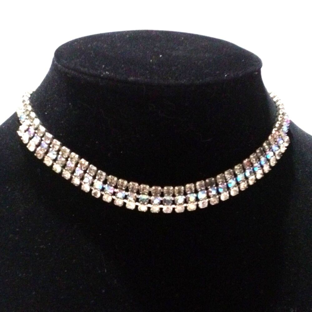 Vintage Silver Tone Multi Color Rhinestone Three Row Choker Necklace
